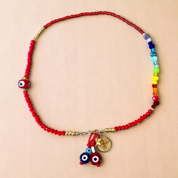 Vibrant Red Hand Beaded Rainbow and Evil Eye Protection Necklace 16” - Picture 3 of 17